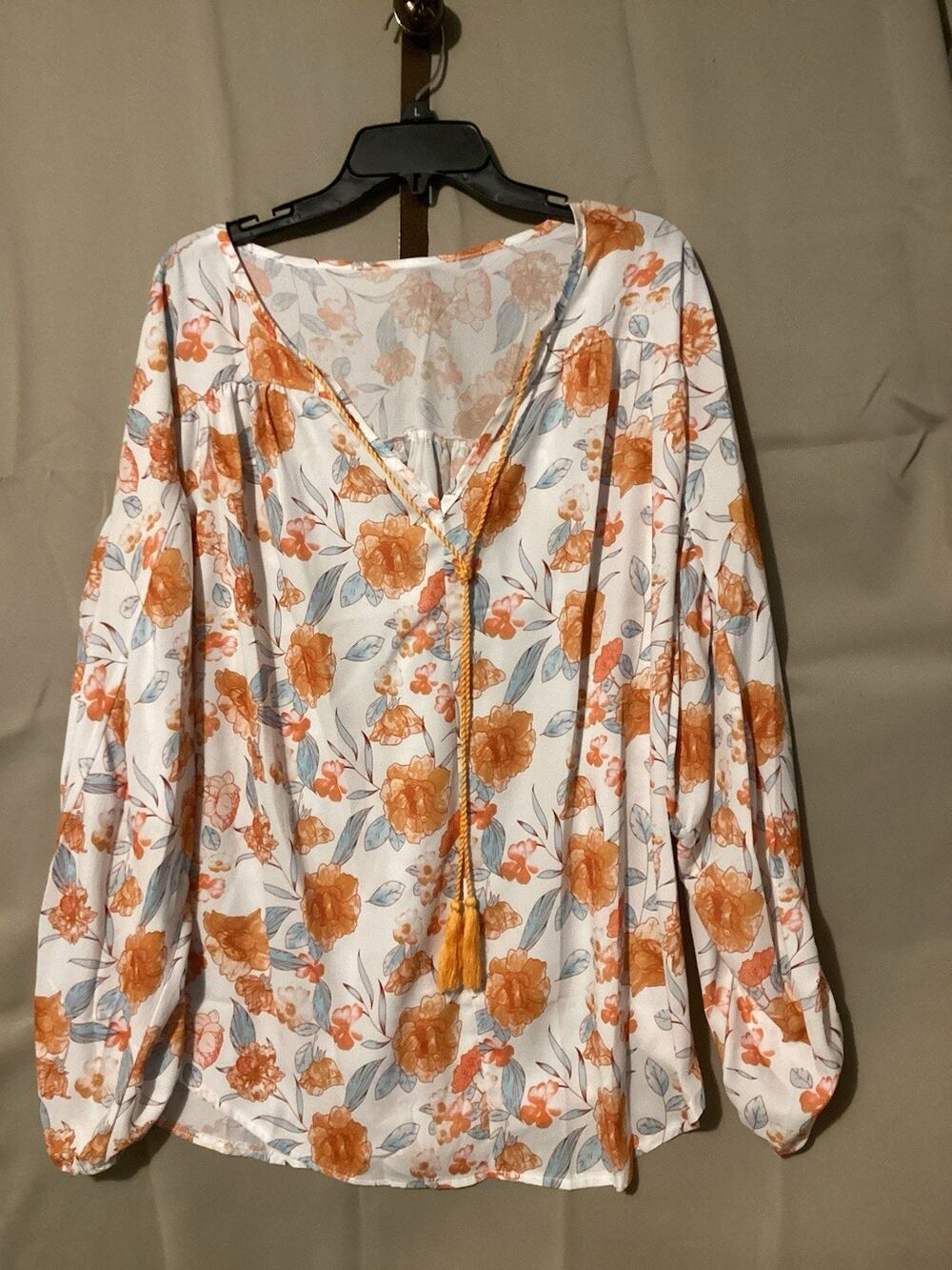 V Neck Floral Long Sleeve Tasseled Blouse Multicolor SZ XL Lightweight Breezy